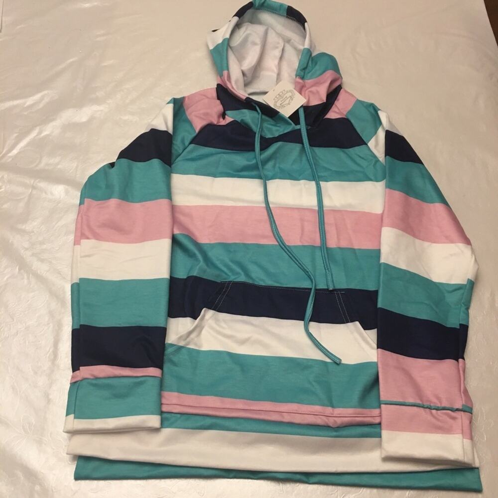 Floral Blooming Striped Hoodie Green Pink Large